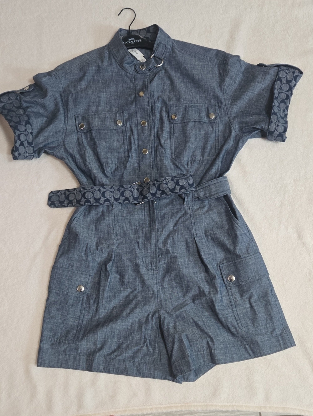 Brand new Coach Chambray Short-Sleeve Romper with Signature Belt